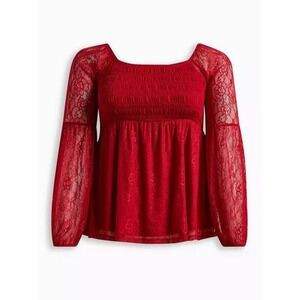 Torrid Red Lace Smocked Peplum Blouse Long Sleeve Square Neck Plus‎ Size 2